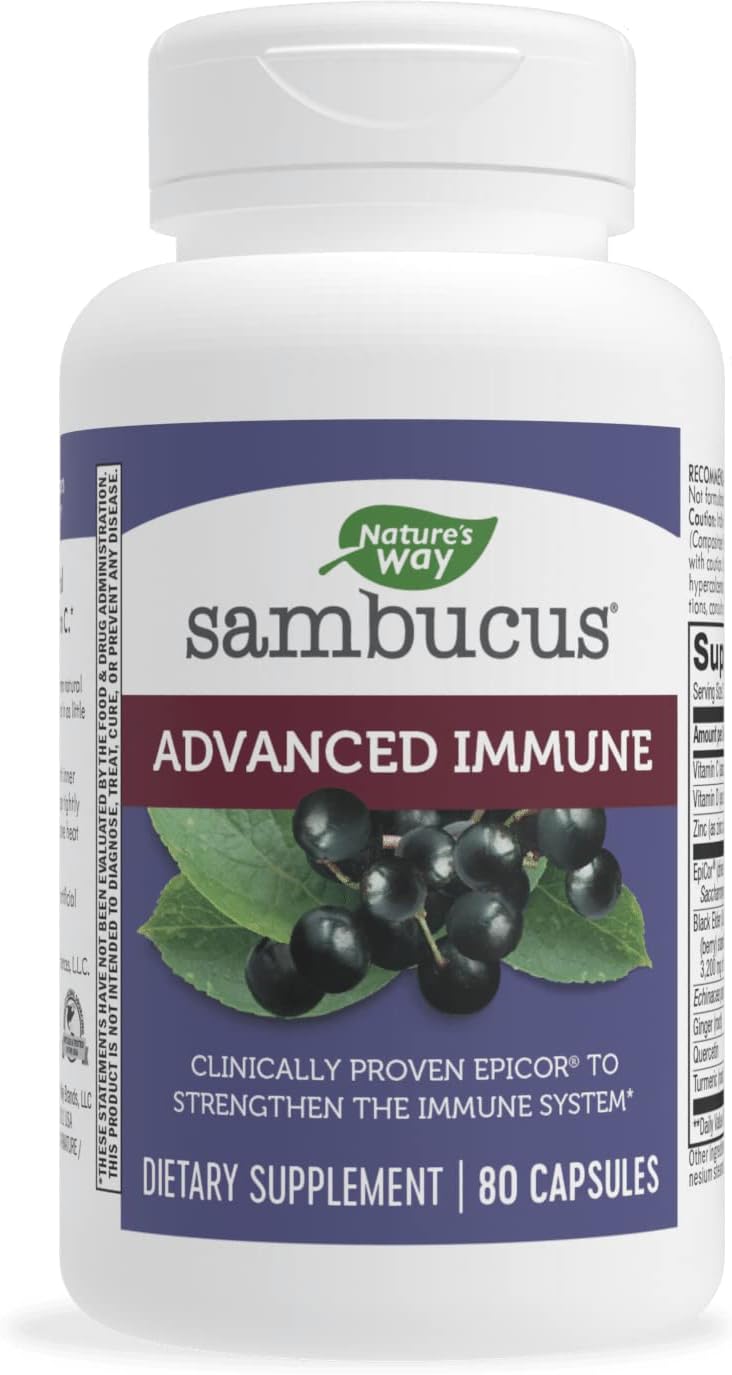61bL0Lu0hsL._AC_SL1383_.jpg Nature's Way Sambucus Advanced Immune Capsules with Black Elderberry, Vitamin C, Vitamin D, Echinacea and Zinc, Immune System Support with EpiCor*, 80 Capsules - Image 1