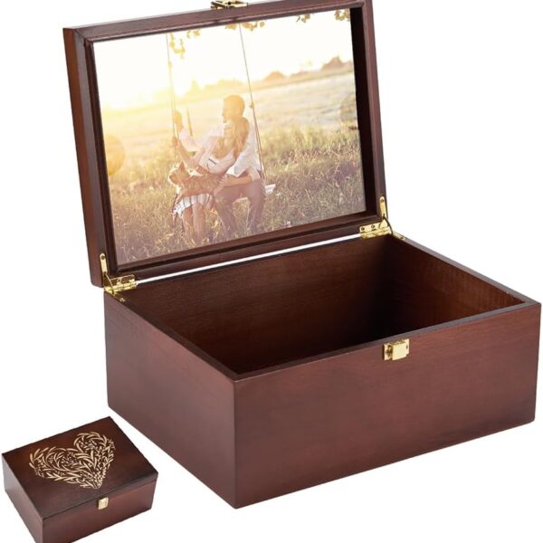 Larger Wooden Memory Keepsake Boxes With Hinged Lids and a photo frame inside the lid - Decorative Storage Box With a Hinge Lids For Picture Letter Time Capsule - Wooden Gift Boxes，5.3“*8.6”*11.7“