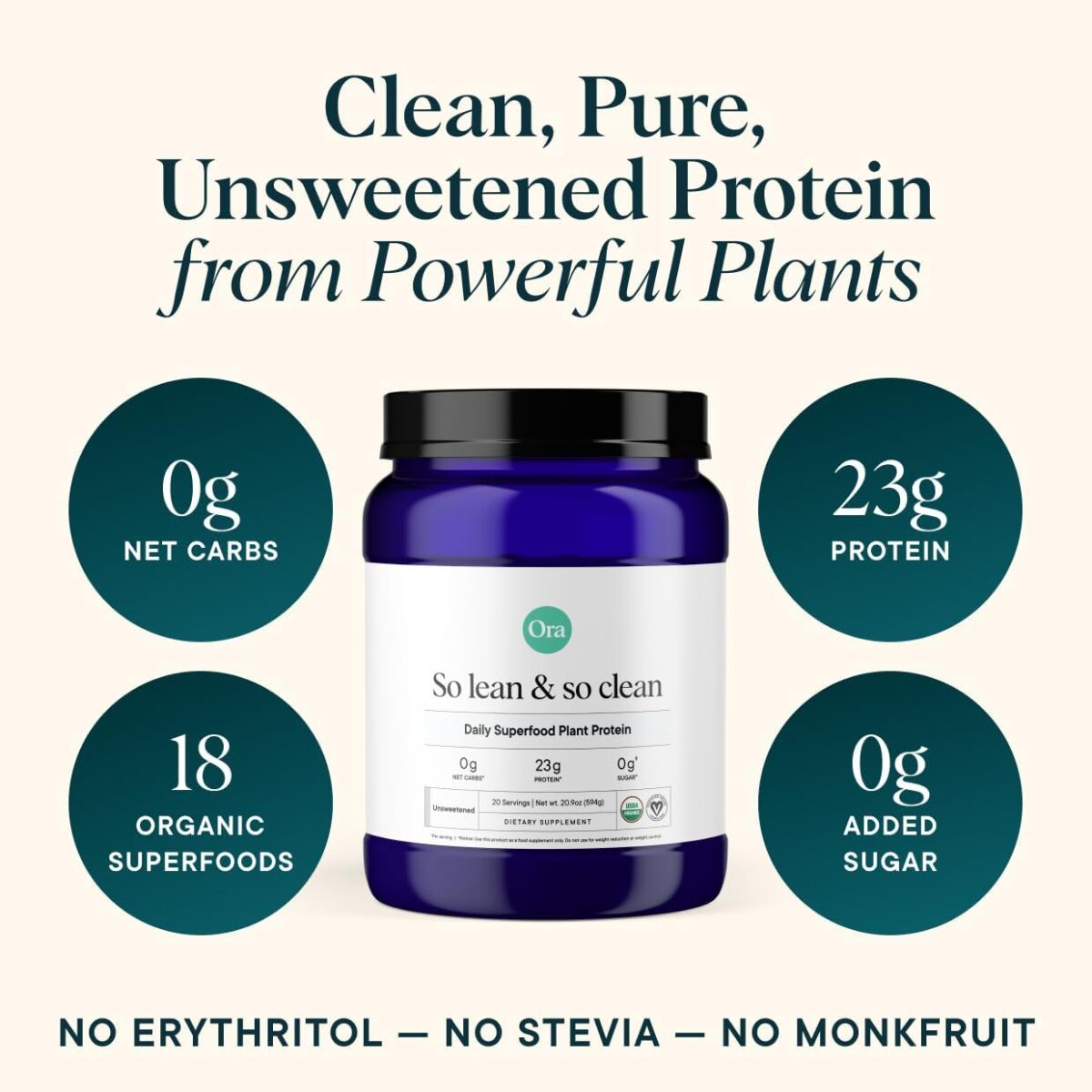 Ora Organic Vegan Protein Powder - 23g Plant Based Pea Protein + Superfood for Women and Men - Unsweetened 20 Servings, No Erythritol, Digestive Enzyme, Keto-Friendly, Gluten-Free, Paleo, Soy-Free - Image 2
