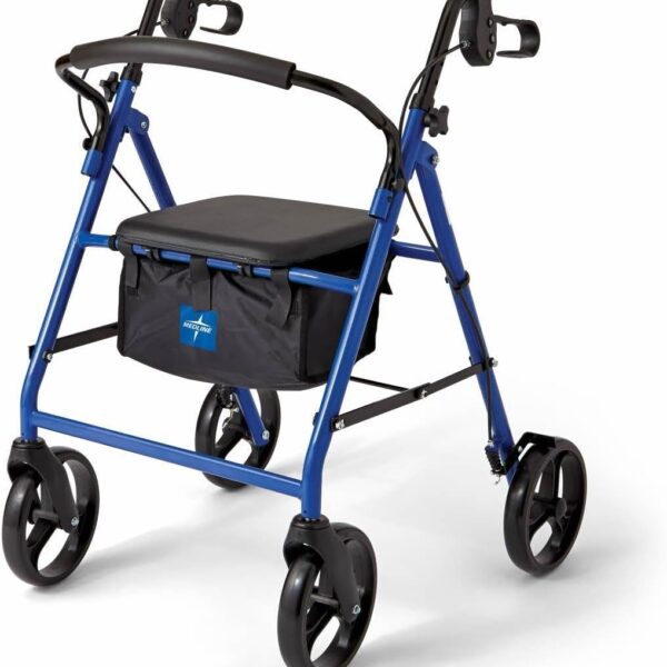 Medline Steel Rollator Walker for Adult Mobility Impairment, Blue, 350 lb. Weight Capacity, 8” Wheels, Foldable, Adjustable Handles, Rolling Walker for Seniors