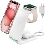 GEEKERA 3 in 1 Wireless Charging Station for Apple, Fast Wireless Charger Stand Dock for iPhone 16 15 14 13 12 11 Pro Max Plus XR XS X, Apple Watch Ultra/9/SE/8/7/6/5/4/3/2, AirPods Pro/4/3/2