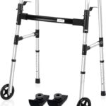 FSA/HSA Eligible Folding Walker with 2 Skis and 5" Wheels, Lightweight Walkers for Seniors and Adults, Supports up to 350 Pounds, Adjustable Height, Compact Standard Walker, Black