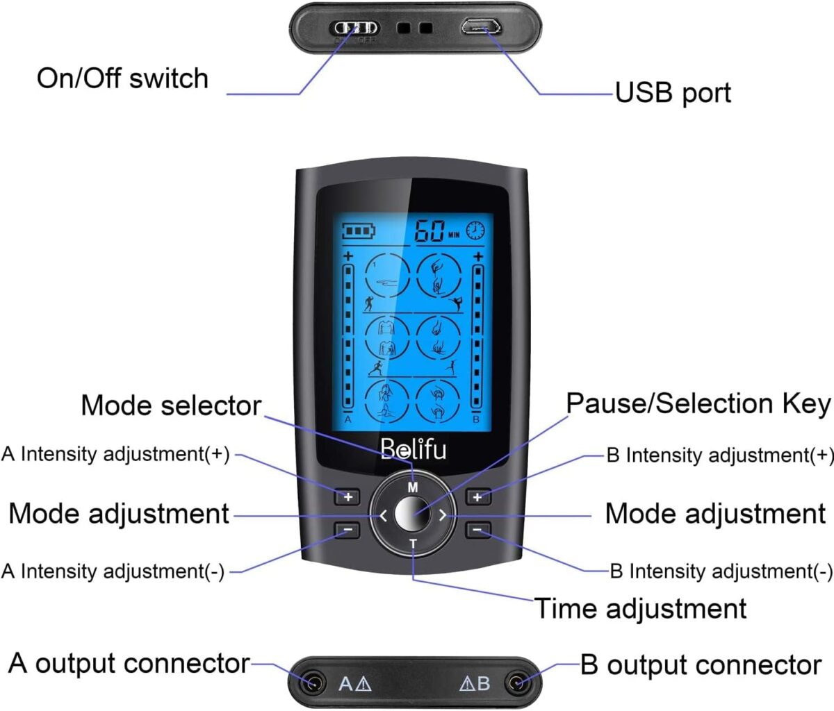 Belifu Dual Channel TENS EMS Unit 24 Modes Muscle Stimulator for Pain Relief Therapy, Electronic Pulse Massager Muscle Massager with 10 Pads, Dust-Proof Drawstring Storage Bag, Fastening Cable Ties - Image 7