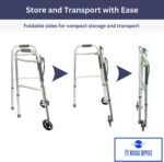 Foldable Lightweight Two Button Walker with 5” Wheels, Includes Ski Glides - Folding Design Ideal for Seniors and Elderly Adults - Adjustable for Tall Men and Women - Standing Handicap Mobility Aids - Image 4