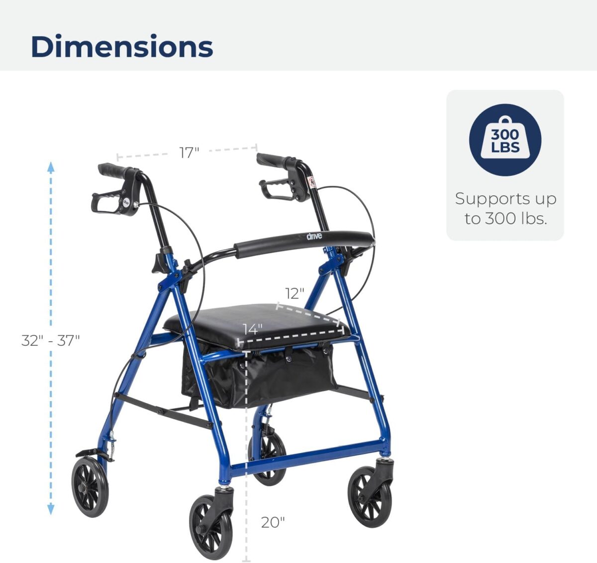 Drive Medical Aluminum Rollator Walker Fold Up and Removable Back Support, Padded Seat, 6" Wheels, Blue,R726BL - Image 8
