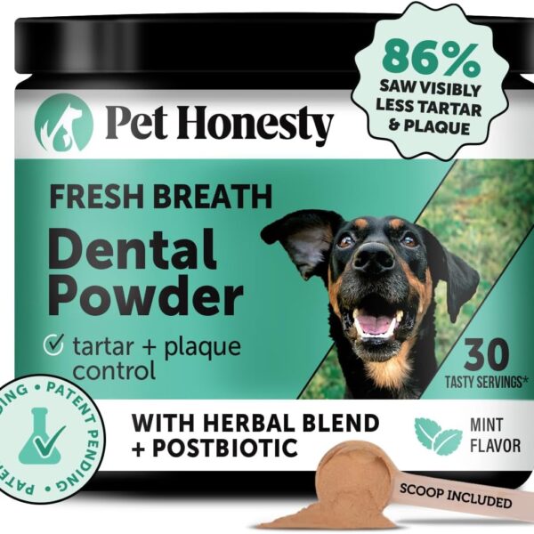 Pet Honesty Dog Breath Freshener Dental Powder for Teeth Cleaning Plaque Off, Dental Care for Dogs, Tartar Remover for Teeth with Natural Herbal Blend + Postbiotics (Mint - 30 Servings)