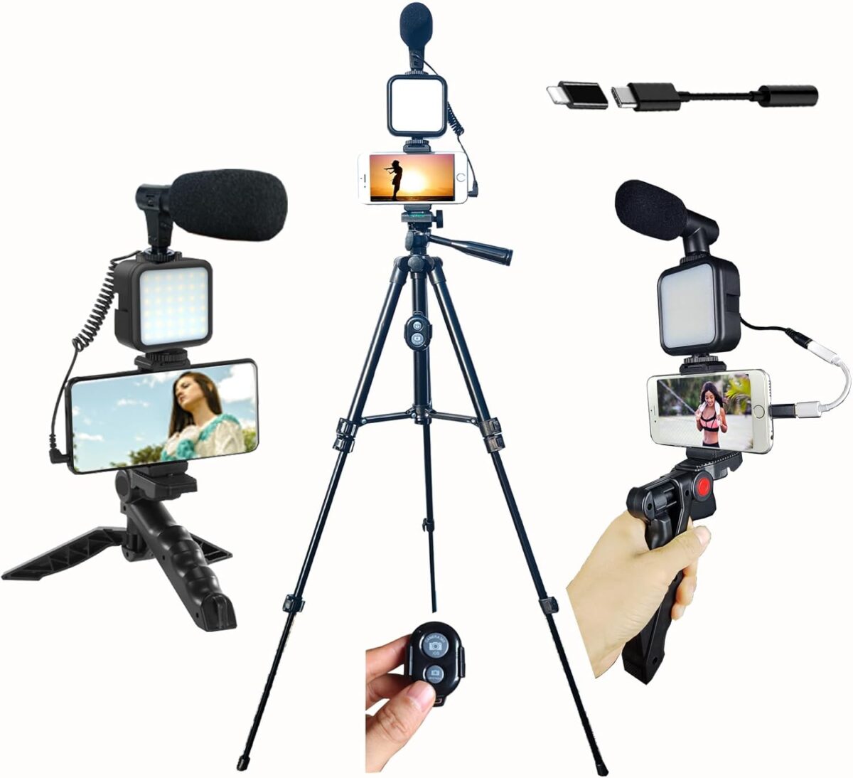 Vlogging Kit for iPhone, Vlogging kit for Android Phone,YouTube Starter Kit with Two Tripods Light Microphone Remote and Jack Adapter - Image 1