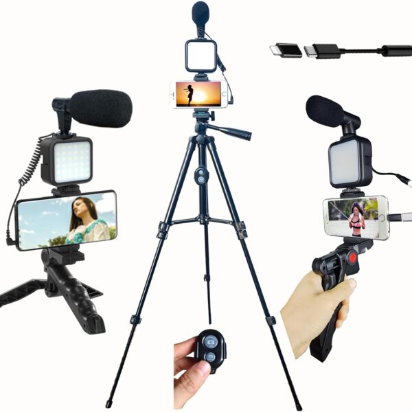 Vlogging Kit for iPhone, Vlogging kit for Android Phone,YouTube Starter Kit with Two Tripods Light Microphone Remote and Jack Adapter