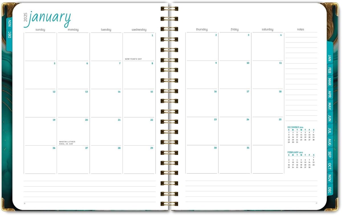 HARDCOVER 2025 Planner, 8.5"x11": 14 Months (November 2024 - December 2025), Daily Weekly Monthly Planner, Yearly Agenda, Bookmark, Pocket Folder and Sticky Note Set (Teal Gold Marble) - Image 3