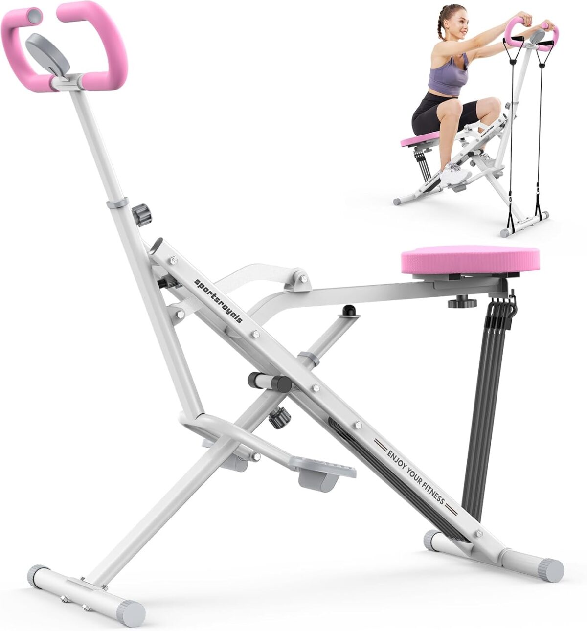 Sportsroyals Pink Squat Machine Rowing Machine for Home 2 in 1 Rower & Squat Assist Workout Foldable Rower for Home Full Body Worikout Adjustable 4 Resistance Bands 330lbs - Image 1