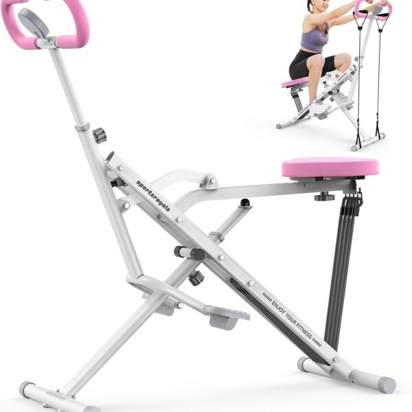 Sportsroyals Pink Squat Machine Rowing Machine for Home 2 in 1 Rower & Squat Assist Workout Foldable Rower for Home Full Body Worikout Adjustable 4 Resistance Bands 330lbs