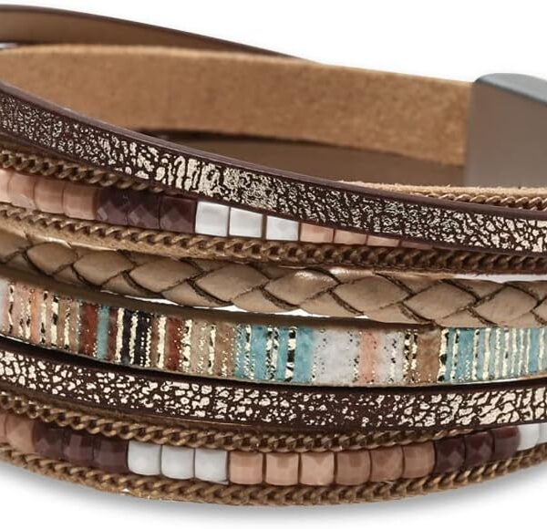 Fesciory Leather Wrap Bracelets for Women, Boho Leopard Multi-Layer Crystal Beads Cuff Bracelet Jewelry