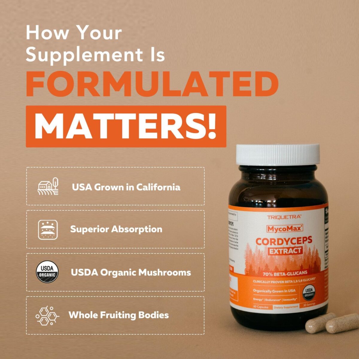 Organic Cordyceps Mushroom Extract - 70% Beta Glucans - Highest Active Nutrient Levels, Max Potency Cordyceps Capsules, US Grown + Ultrasonic Extraction - Performance, Immunity & Energy - 60 Capsules - Image 8