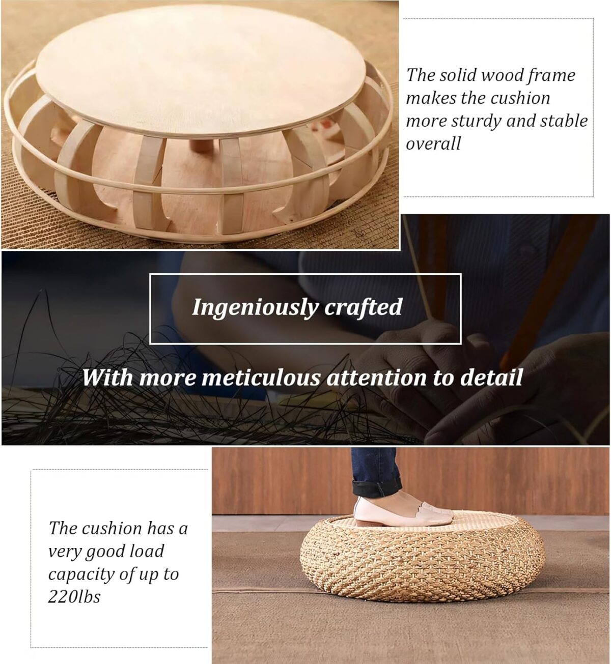 Seat Cushion, Tatami Floor Pillow Sitting Cushion, Round Sitting Padded Hand Woven Padded Knitted Straw Mat, Ottoman Footstool for Meditation, Zen, Yoga (19.69" Dia. x 6.70" H) - Image 4