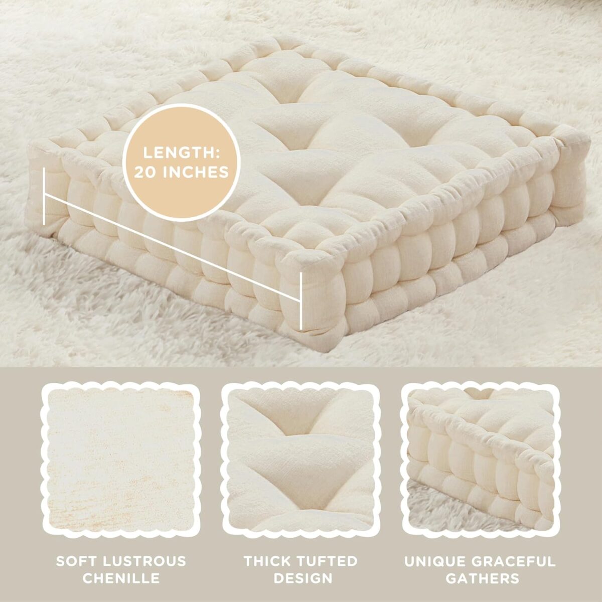 INNA Meditation Floor Pillow, Large Pillows Seating for Adults, Tufted Thick Chenille Cushion for Yoga Living Room Sitting (Inna White) 2 Pack - Image 2