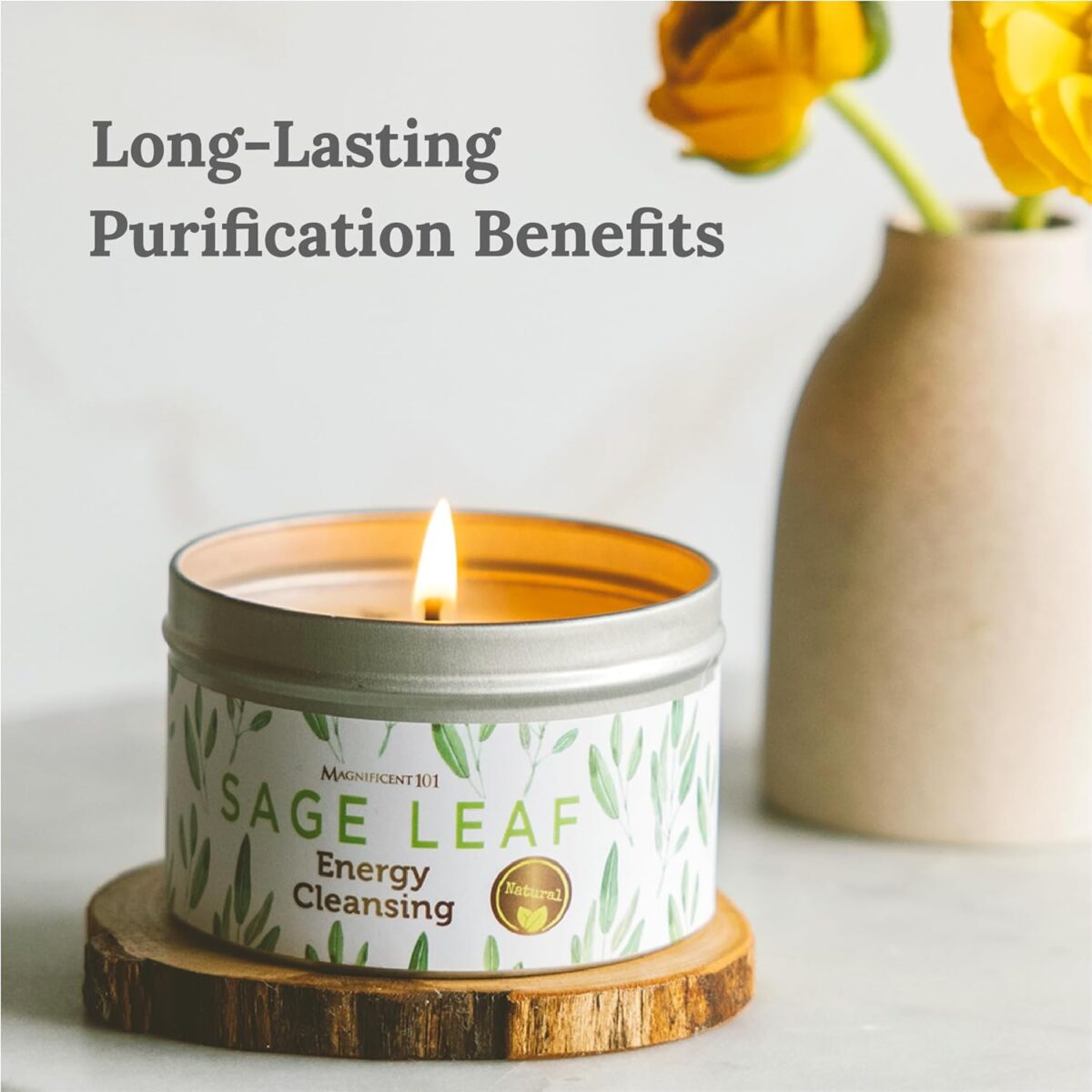Magnificent 101 Sage Leaf Energy Cleansing Candle in 6-oz. Tin Holder: 100% Natural Soy Wax with Pure White Sage Leaves & Essential Oils for Smudging and Intention Setting; Great Housewarming Gift - Image 2