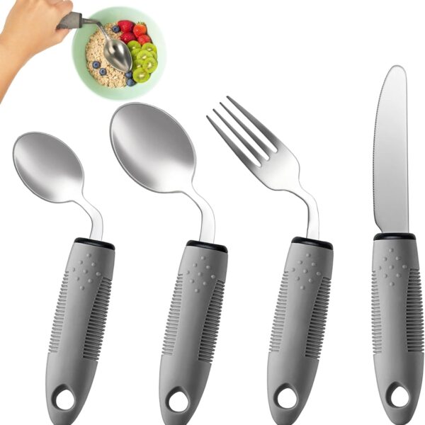 4-Piece Adaptive Utensils Set - 42° Angled Parkinsons Utensils, 2.5 oz Weighted Utensils for Hand Tremors and Parkinsons Patients, Weighted Silverware for Hand Tremors (Grey: Right-Handed)