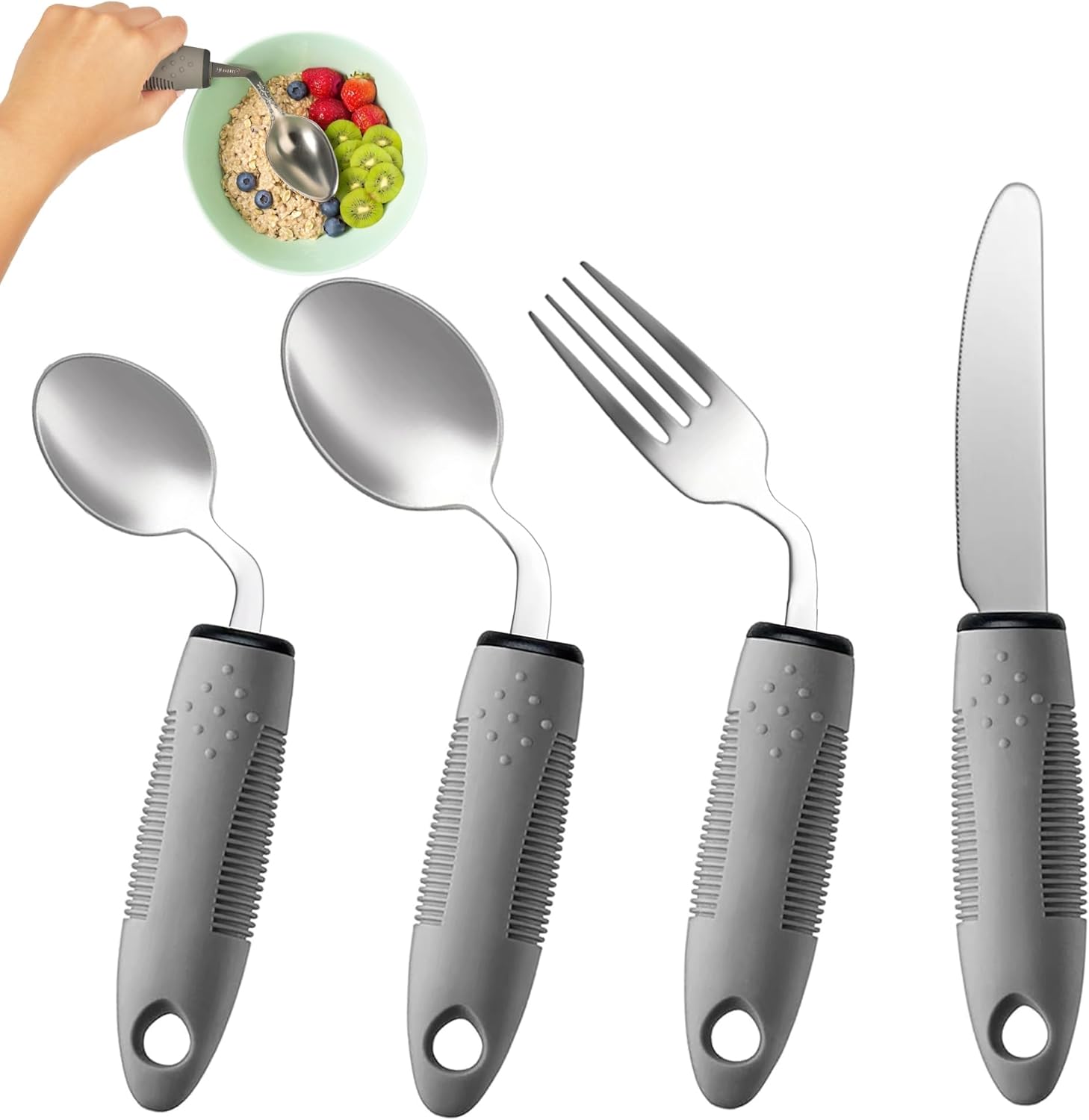 71-GCYuxrL._AC_SL1500_.jpg 4-Piece Adaptive Utensils Set - 42° Angled Parkinsons Utensils, 2.5 oz Weighted Utensils for Hand Tremors and Parkinsons Patients, Weighted Silverware for Hand Tremors (Grey: Right-Handed) - Image 1
