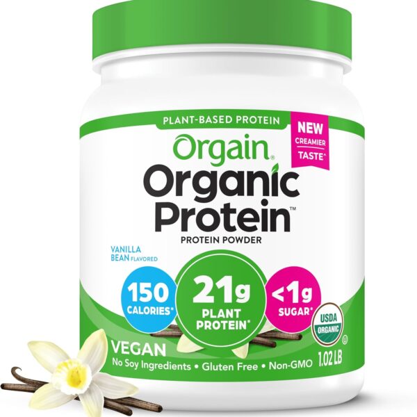Orgain Organic Vegan Protein Powder, Vanilla Bean - 21g Plant Based Protein, 4g Prebiotic Fiber, No Lactose Ingredients, No Added Sugar, Non-GMO, For Shakes & Smoothies, 1.02 lb (Packaging May Vary)