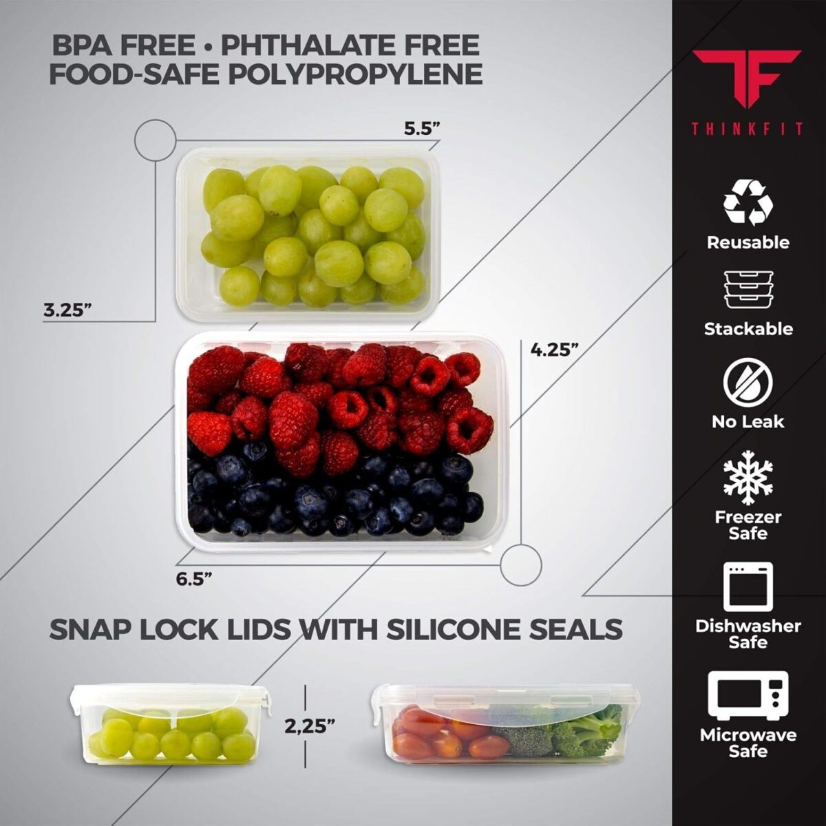 ThinkFit Meal Prep Containers, BPA Free - Airtight Food Storage Containers Best for Meal Prepping & Portion Control - Reusable, Stackable, Microwavable, Dishwasher & Freezer Safe (6 Piece Set) - Image 3