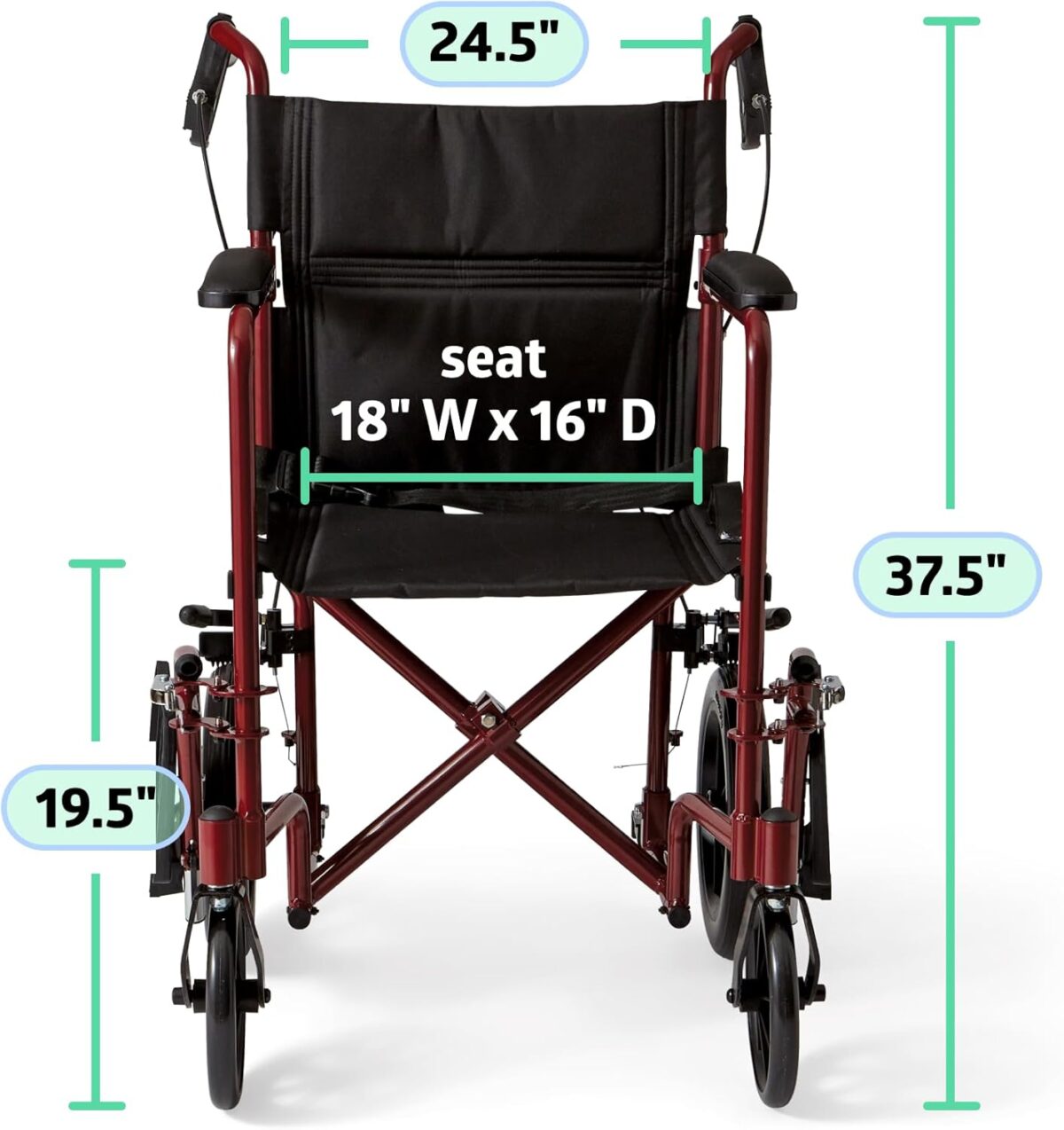 Medline Lightweight Foldable Transport Wheelchair with Handbrakes and 12-Inch Wheels, Red Frame, Black Upholstery - Image 6