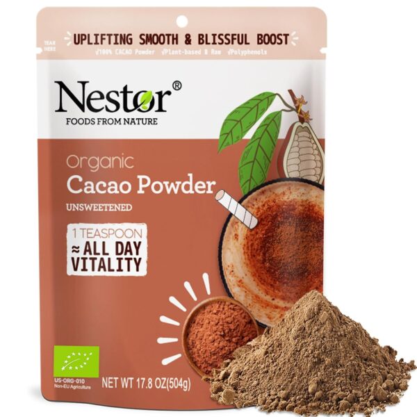 Premium 100% Organic Grade Cacao Powder Unsweetened 17.8oz, Nestor High Flavanol Raw Cacao Superfood Non-GMO, Chocolate Flavor, Non-Alkalized Cocoa for Focus Energy Immunity