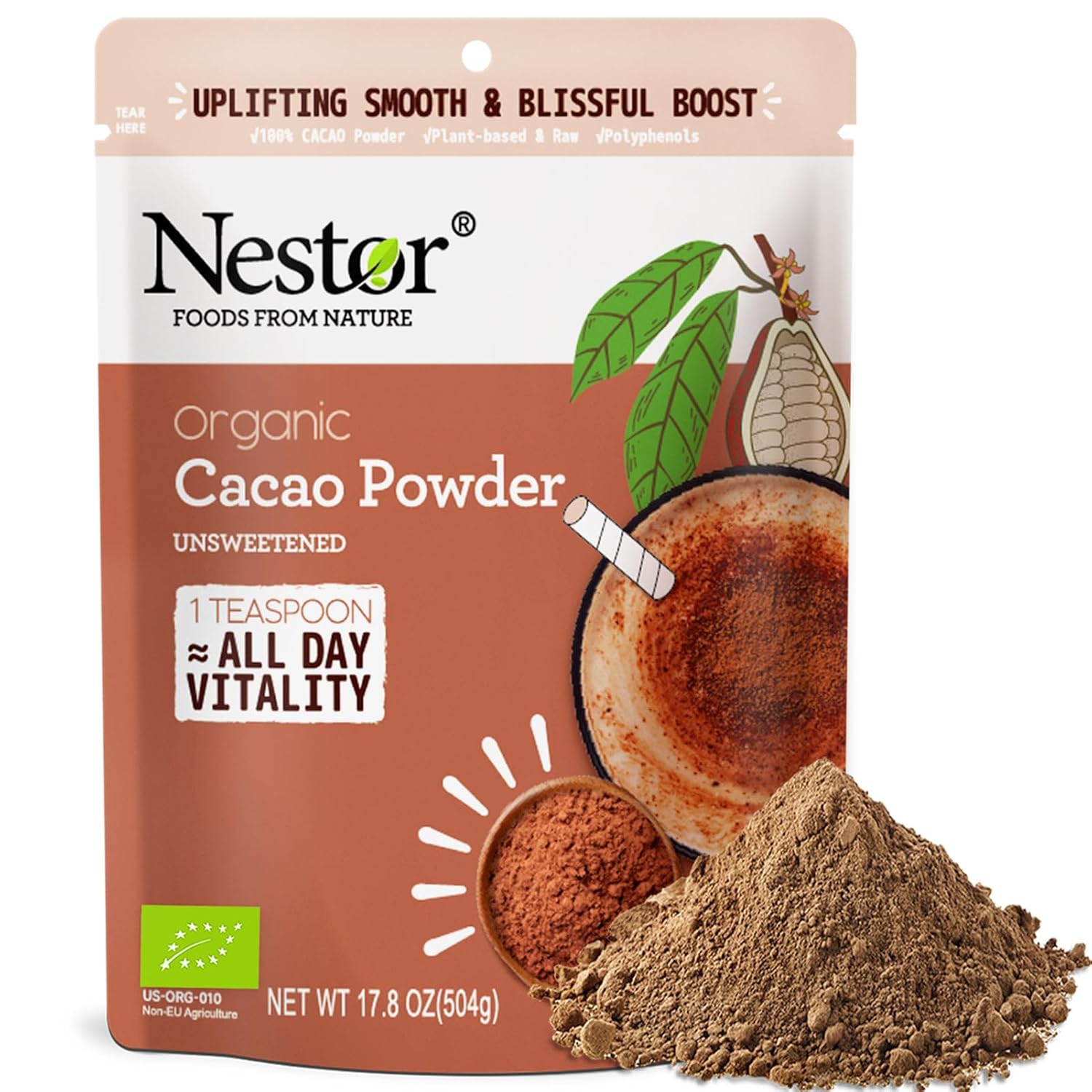 710lqLaHD1L._SL1500_.jpg Premium 100% Organic Grade Cacao Powder Unsweetened 17.8oz, Nestor High Flavanol Raw Cacao Superfood Non-GMO, Chocolate Flavor, Non-Alkalized Cocoa for Focus Energy Immunity - Image 1