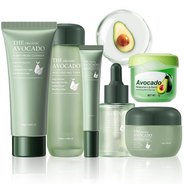 Avocado Skin Care Set, 6-In-1 Skincare Gift Set For Women Girls - Cleanser, Serum, Face & Eye Cream, Toner, Lip Balm, Face Skin Care Set For Women, Anti-Aging Skin Care Kit Smooth Firming Skin