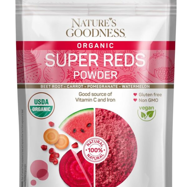 Nature's Goodness Super Reds Powder with Beet Root, Carrot, Pomegranate, and Watermelon - Antioxidant Rich Superfood for Energy, Heart Health, and Detox – 16 Servings (8 oz)