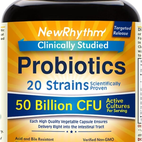 NewRhythm Probiotics 50 Billion CFU 20 Strains, 60 Veggie Capsules, Targeted Release Technology, Stomach Acid Resistant, No Need for Refrigeration, Non-GMO, Gluten Free