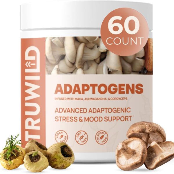 TruWild Adaptogen Blend with Cordyceps Maca Ashwagandha - Full Spectrum Mushroom Blend for Daily Support and Function, All Natural Formula with 7 Key Ingredients, 60 Capsules