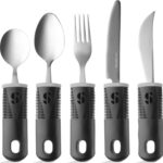 Special Supplies Adaptive Utensils (5-Piece Kitchen Set) Wide, Non-Weighted, Non-Slip Handles for Hand Tremors, Arthritis, Parkinson’s or Elderly Use - Stainless Steel (Black)