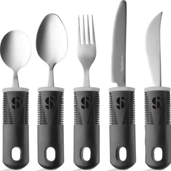 Special Supplies Adaptive Utensils (5-Piece Kitchen Set) Wide, Non-Weighted, Non-Slip Handles for Hand Tremors, Arthritis, Parkinson’s or Elderly Use - Stainless Steel (Black)
