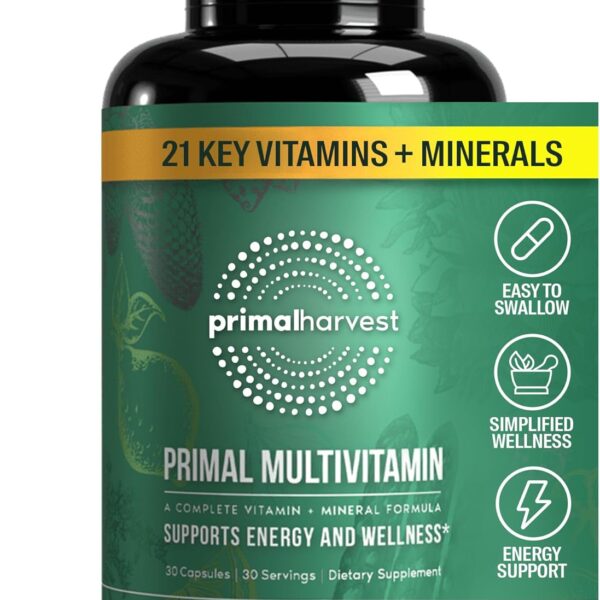 Primal Harvest Primal Multivitamin - Daily Multi-Vitamin Supplement with 21 Essential Vitamins & Minerals for Women & Men - Vitamin A, C, D, E, B12, B6, Biotin, Folic Acid, Zinc, Copper & Selenium