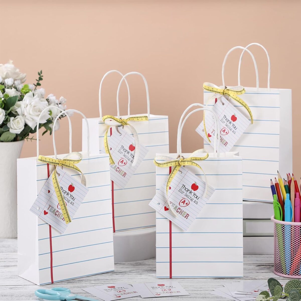 Gilprop 12 Pcs Teacher Appreciation Gift Bags with Paper Tag Thank You Teacher Gift Bags with Handle End of Year Teacher Gifts with Tape Measure Ribbon for Graduation Back to School Party Favors - Image 5