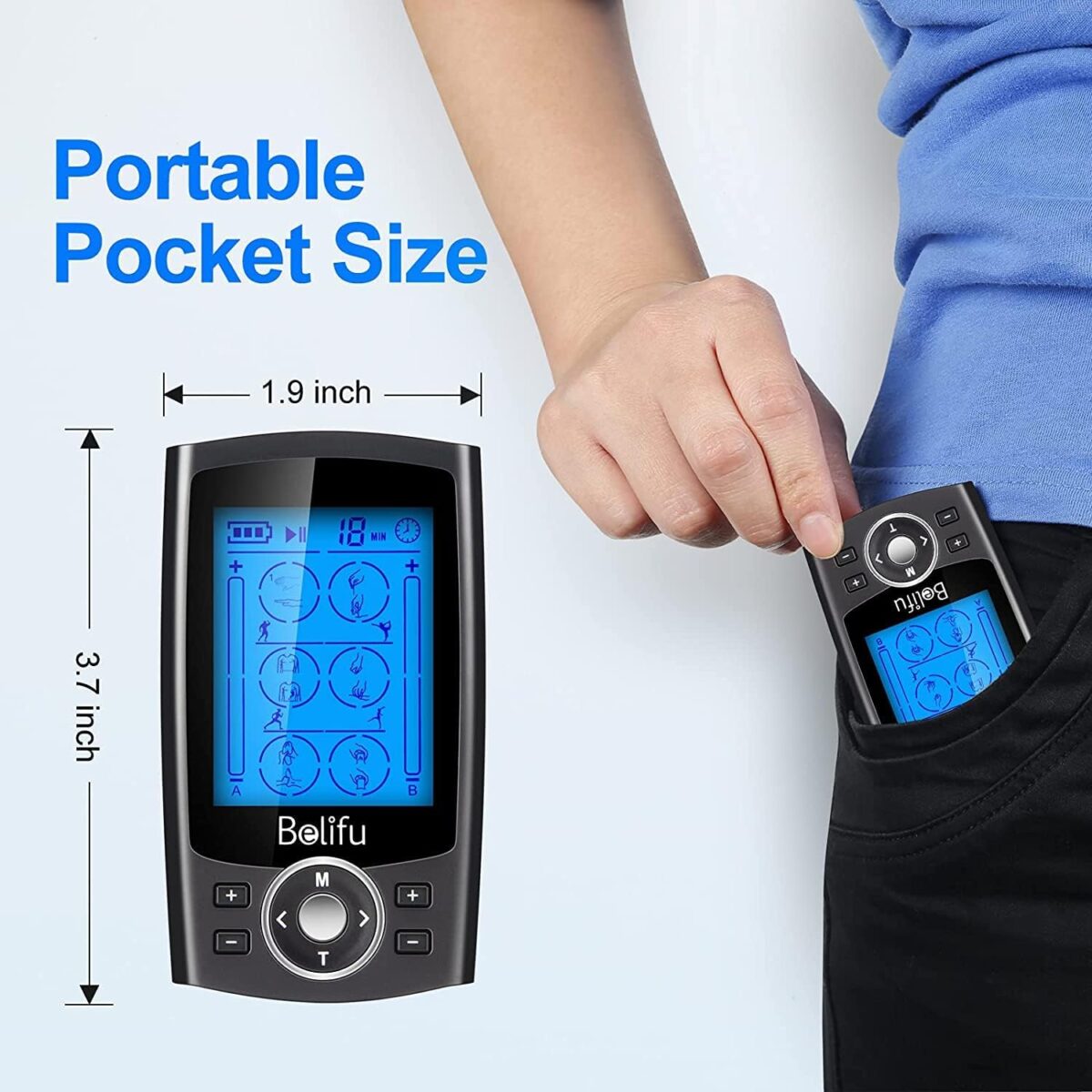 Belifu Dual Channel TENS EMS Unit 24 Modes Muscle Stimulator for Pain Relief Therapy, Electronic Pulse Massager Muscle Massager with 10 Pads, Dust-Proof Drawstring Storage Bag, Fastening Cable Ties - Image 3