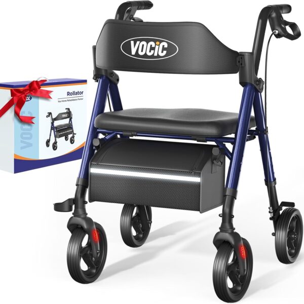 Walkers for Seniors,Foldable Walker with Seat,Rollator Walker with Durable Aluminum,8" Big Wheels for All Terrain, Ergonomic Seat and Backrest,Dual Adjustable Height Rolling Walker| Pashion Blue