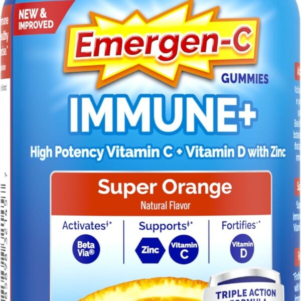 Emergen-C Immune+ Immune Gummies, Vitamin D plus 750 mg Vitamin C, Immune Support Dietary Supplement, Caffeine Free, Gluten Free, Super Orange Flavor - 45 Count