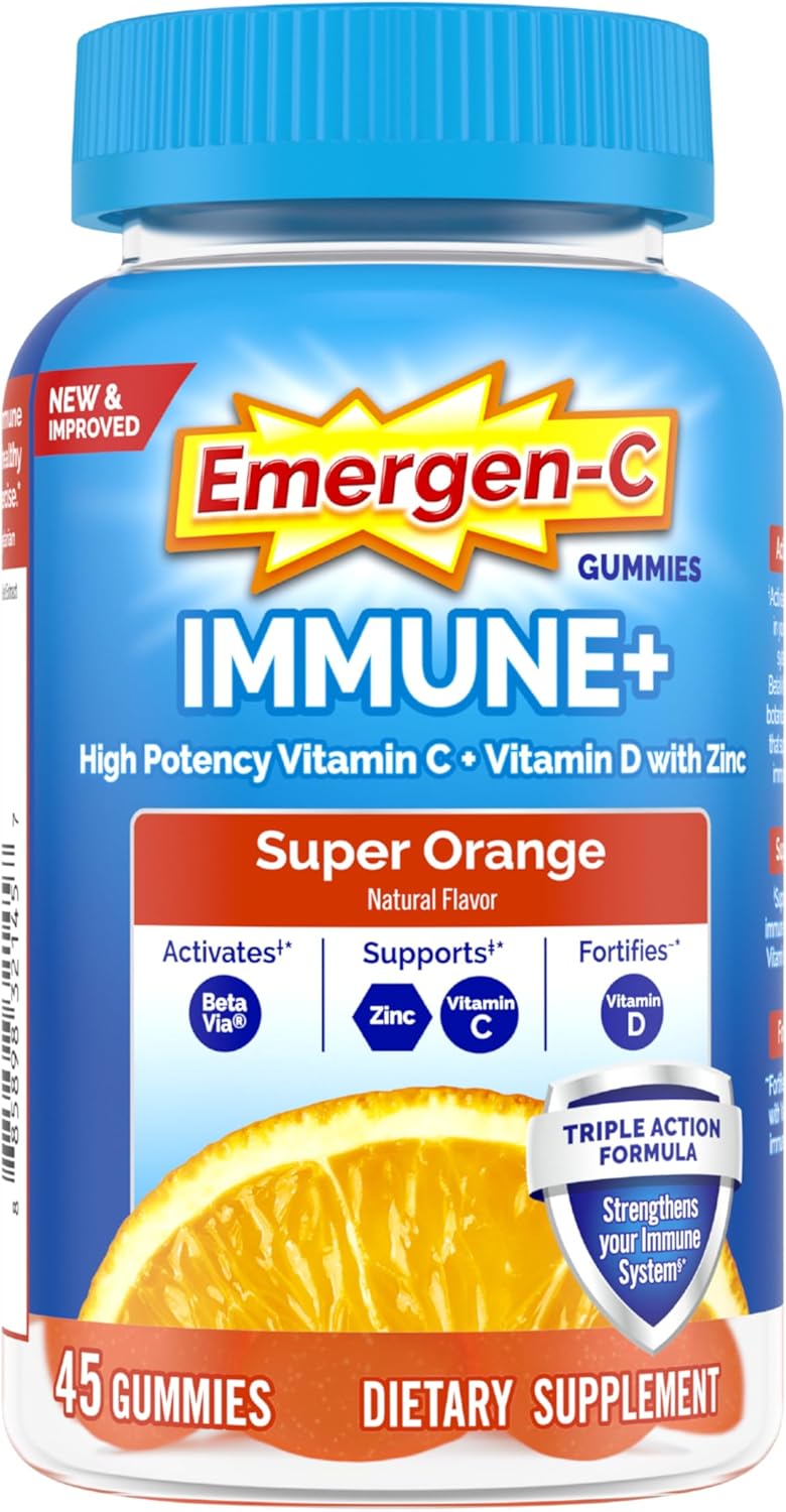 713iS0x19gL._AC_SL1500_.jpg Emergen-C Immune+ Immune Gummies, Vitamin D plus 750 mg Vitamin C, Immune Support Dietary Supplement, Caffeine Free, Gluten Free, Super Orange Flavor - 45 Count - Image 1