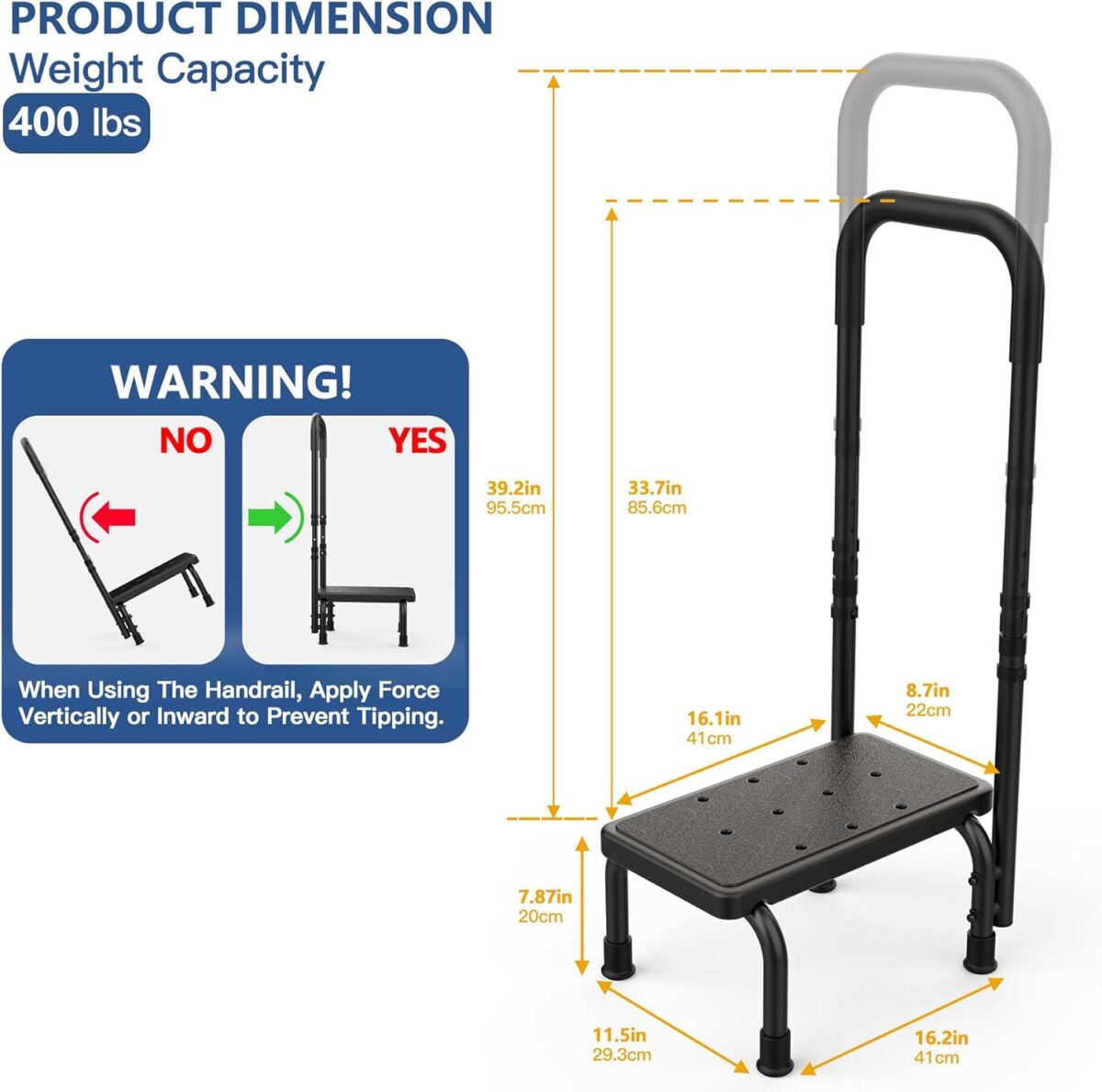 Step Stool with Handle for Elderly, Non Skid Platform & Adjustable Handrail, Medical Stepping Stool for High Bed Mobility & Daily Living Aids, Bedside Car Stair Lift for Senior Adults 400lbs - Image 2