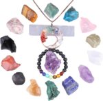 Healing Crystals Set,18PCS Crystal Healing Stones Kit Include 7 Raw Chakra Stones,7 Tumbled Stones,Amethyst Crystal,Lava Bracelet and Selenite for Yoga, Meditation