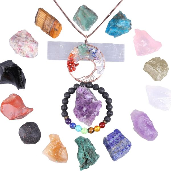 Healing Crystals Set,18PCS Crystal Healing Stones Kit Include 7 Raw Chakra Stones,7 Tumbled Stones,Amethyst Crystal,Lava Bracelet and Selenite for Yoga, Meditation