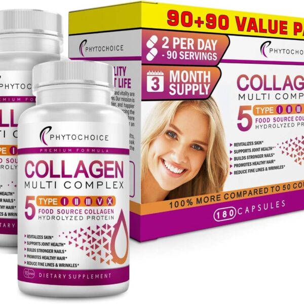 Multi Collagen Pills (Types I-II-III-V-X) Pure Hydrolyzed Collagen Protein Peptides-Collagen Supplements for Women and Men, Anti-Aging Collagen for Skin Hair Growth Nails Joints-180 Collagen Capsules