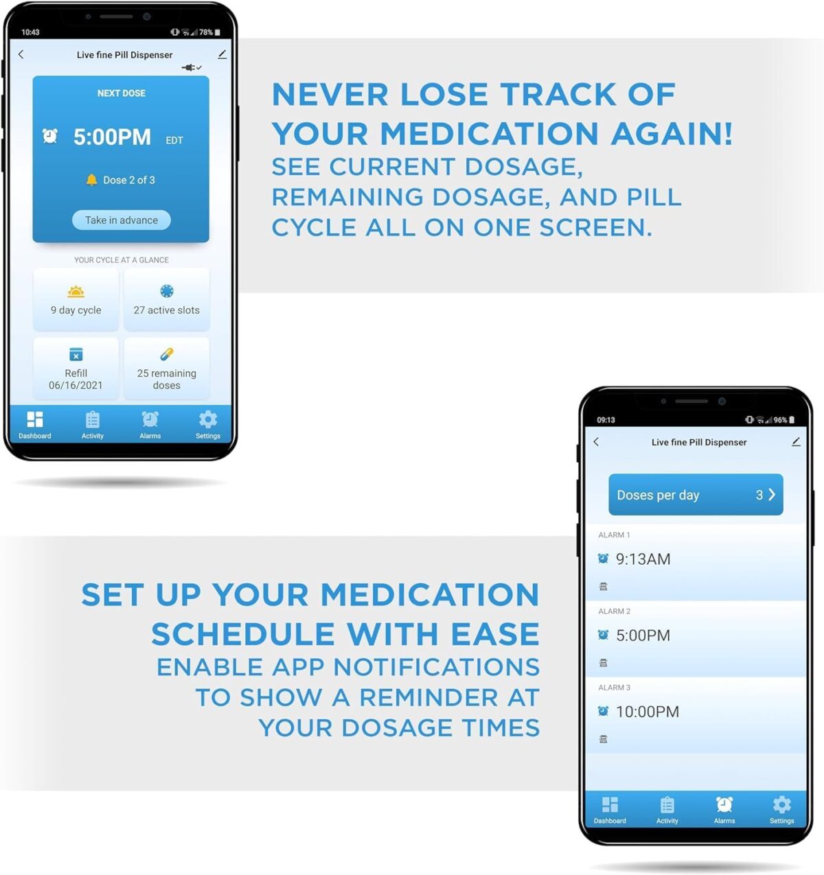 LiveFine WiFi Automatic Pill Dispenser and Remote Medication Monitoring System with Locking Key, 28-Day Medication Organizer Up To 9 Doses Per, Adjustable Light/Sound Alarms For Prescriptions & Vitami - Image 3