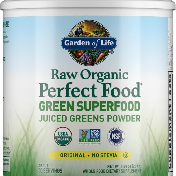 Garden of Life Raw Organic Perfect Food Green Superfood Juiced Greens Powder - Original Stevia-Free, 30 Servings, Non-GMO, Gluten Free Whole Food Dietary Supplement, Alkalize, Detoxify, Energize