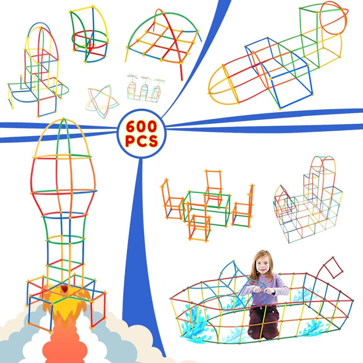 Straw Constructor Toys STEM Building 600Pcs Toy Interlocking Plastic Engineering Thin Tube Blocks Educational Kit for 3 4 5 6 7years Kids Boys and Girls Gift - Image 2