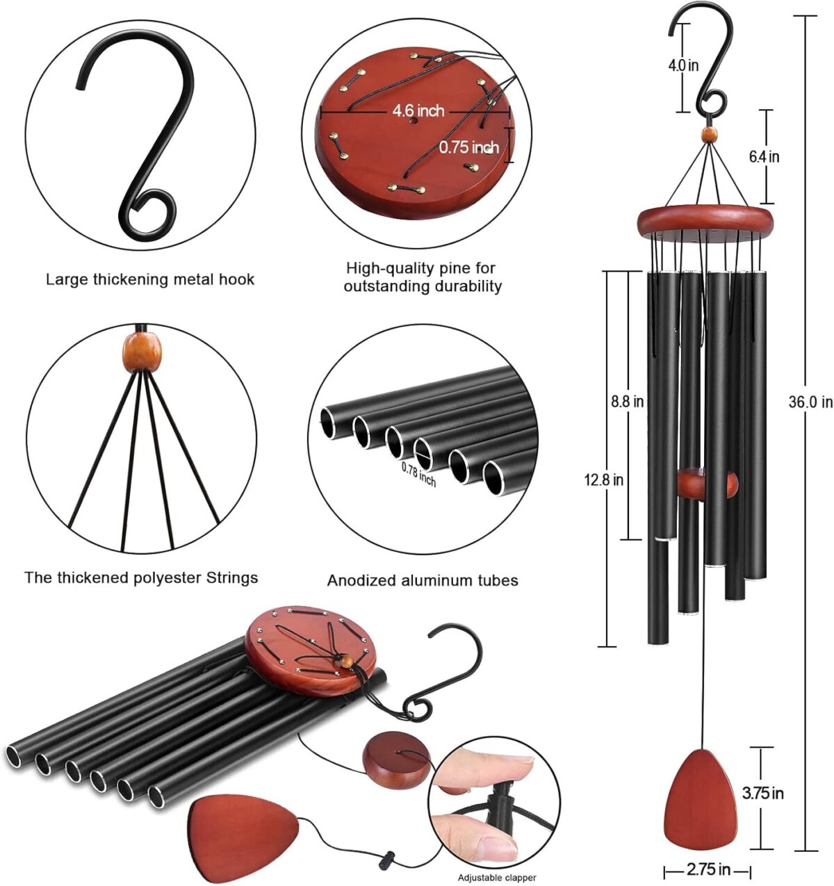 Large Aluminium Wind Chimes Outside, Soothing Melodic Wind Chime, Suitable Outdoor Garden Patio Decor, Gift for Mom Women Neighbors (36 Inches Black) - Image 2
