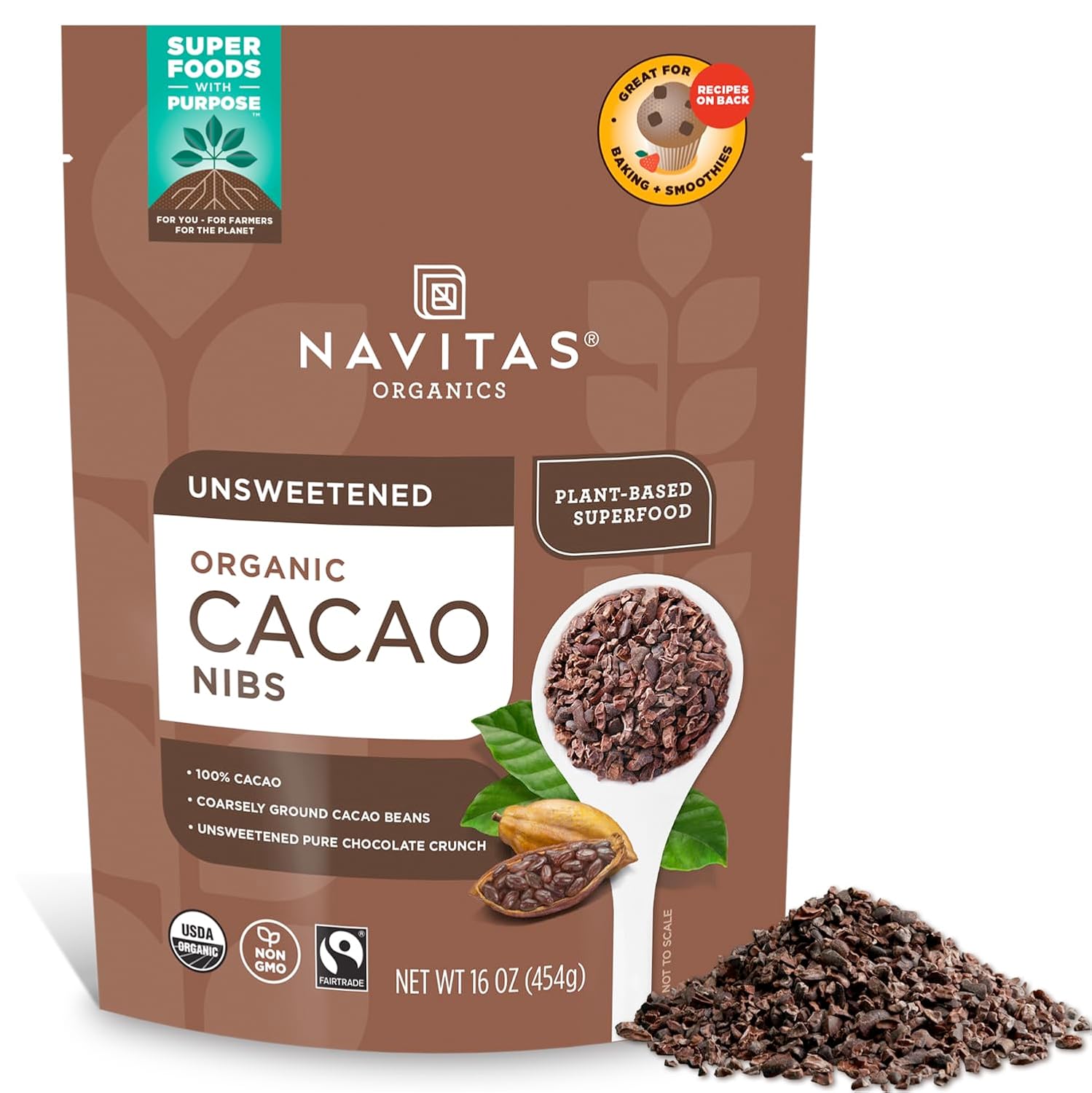 716h177y0L._SL1500_.jpg Navitas Organics Cacao Nibs, 16oz. Bag, 15 Servings - Organic, Non-GMO, Fair Trade, Gluten-Free - Image 1
