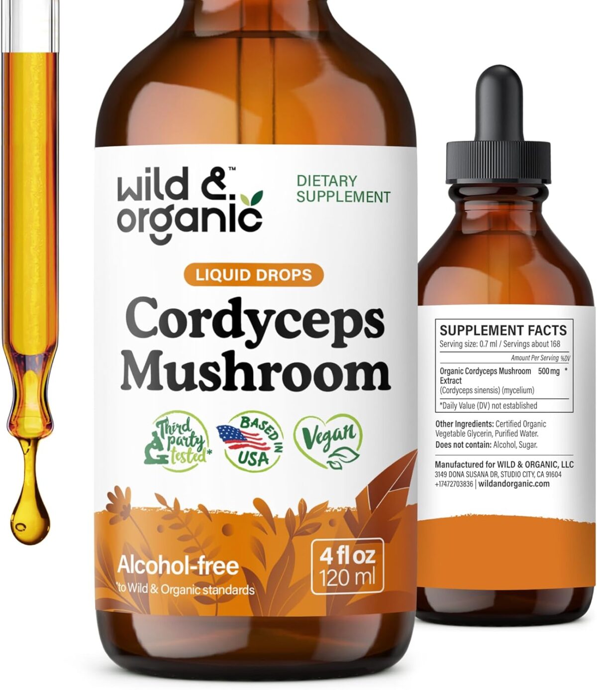 Wild & Organic Cordyceps Tincture - Cordyceps Sinensis Mushroom Extract for Immune & Energy Support - Liquid Mushroom Supplement - Vegan, Sugar & Alcohol-Free Drops - 4 fl oz - Image 1