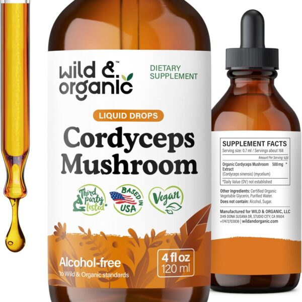 Wild & Organic Cordyceps Tincture - Cordyceps Sinensis Mushroom Extract for Immune & Energy Support - Liquid Mushroom Supplement - Vegan, Sugar & Alcohol-Free Drops - 4 fl oz